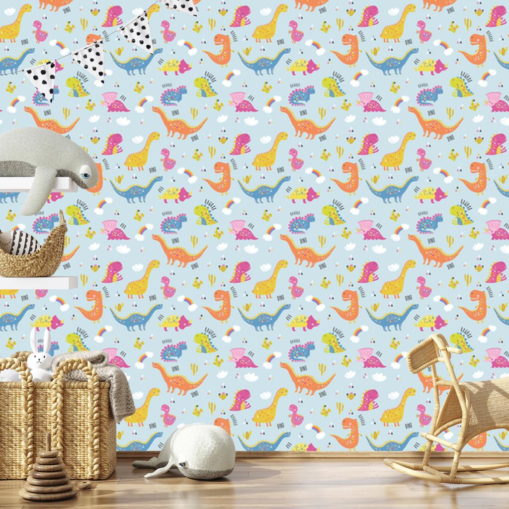 Wallpaper Colorful dinosaurs cacti rainbows for living room and bedroom 50x1000