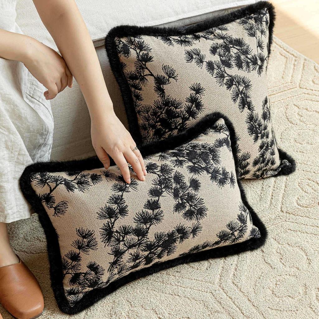 Oriental Pine Crane & Bamboo Embroidered Cushion Set – Chinese Style Sofa Décor