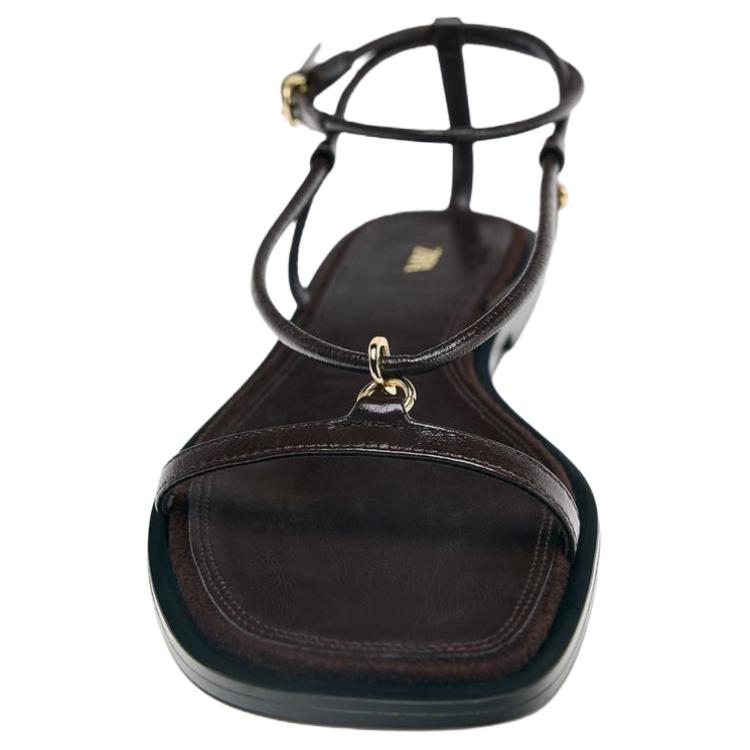 Zara Sheepskin Leather Open-Toe Vintage Strap Sandals 1Cm Women Sandals Brown 1611610700