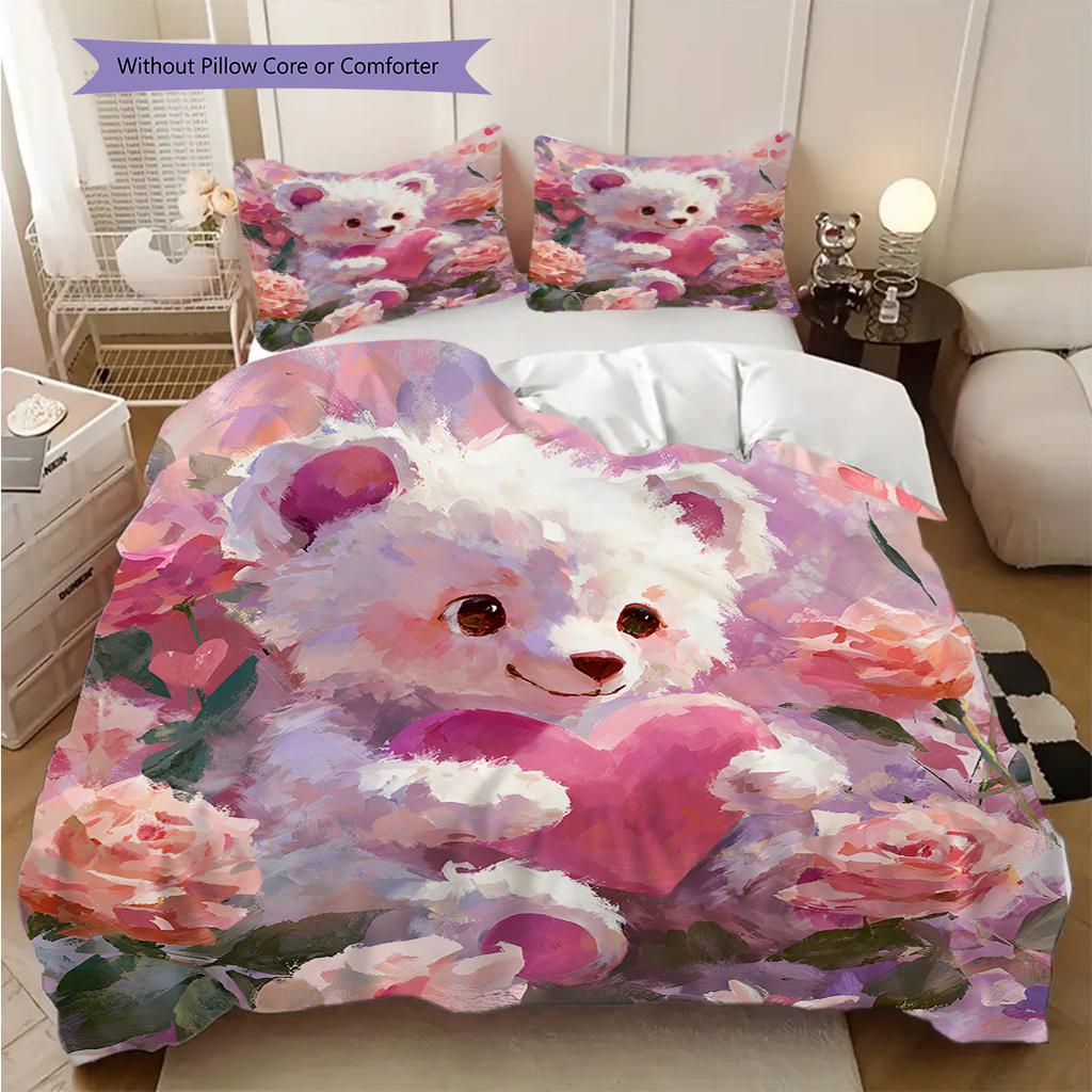 Bear Doll Pattern Bedding Quilt Set Quilt Cover Pillowcase Home Decoration Birthday Gift (1 * duvet cover + 2 * pillowcase, without core)