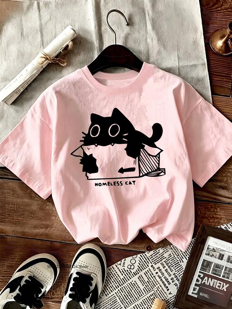 TXCartoon Trendy Kawaii Cat Print T-shirt Women's Summer Round Neck Cute Cat Y2K Graphic Tee Summer Casual Woman Clothing