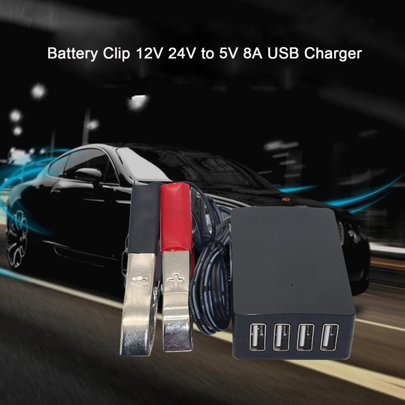 4USB Port Power Adapter with Battery Clip 12V 24V to 5V 8A for Charging Cell Phone Emergency USB Power High Efficiency