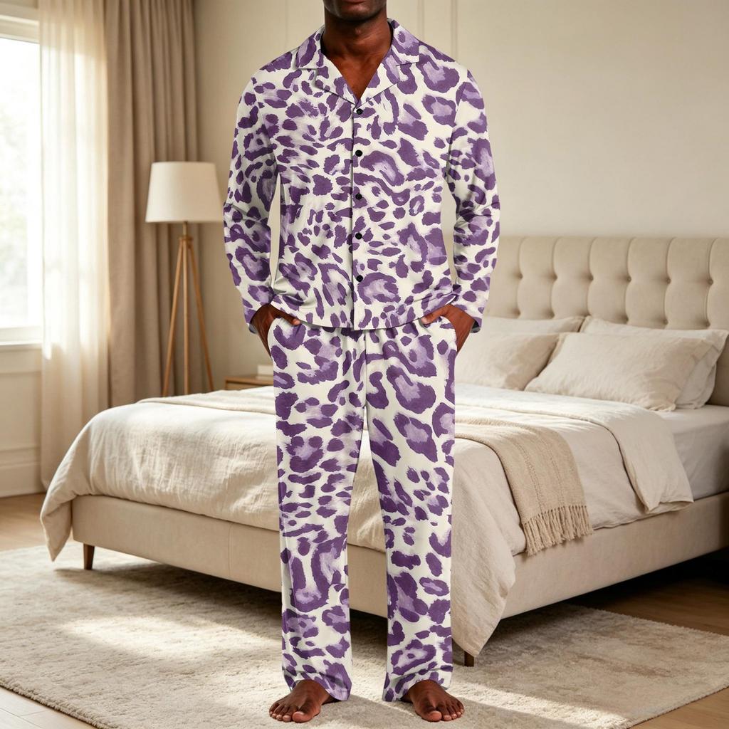 Pigiama Casual da Uomo a 2 Pezzi con Stampa Leopardo, Top con Bottoni e Vestibilità Larga, Pantaloni a Gamba Dritta