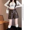 2024 A/W Women's High Waist Black PU Leather A-Line Booty Shorts: Wide-Leg, Casual, Slimming