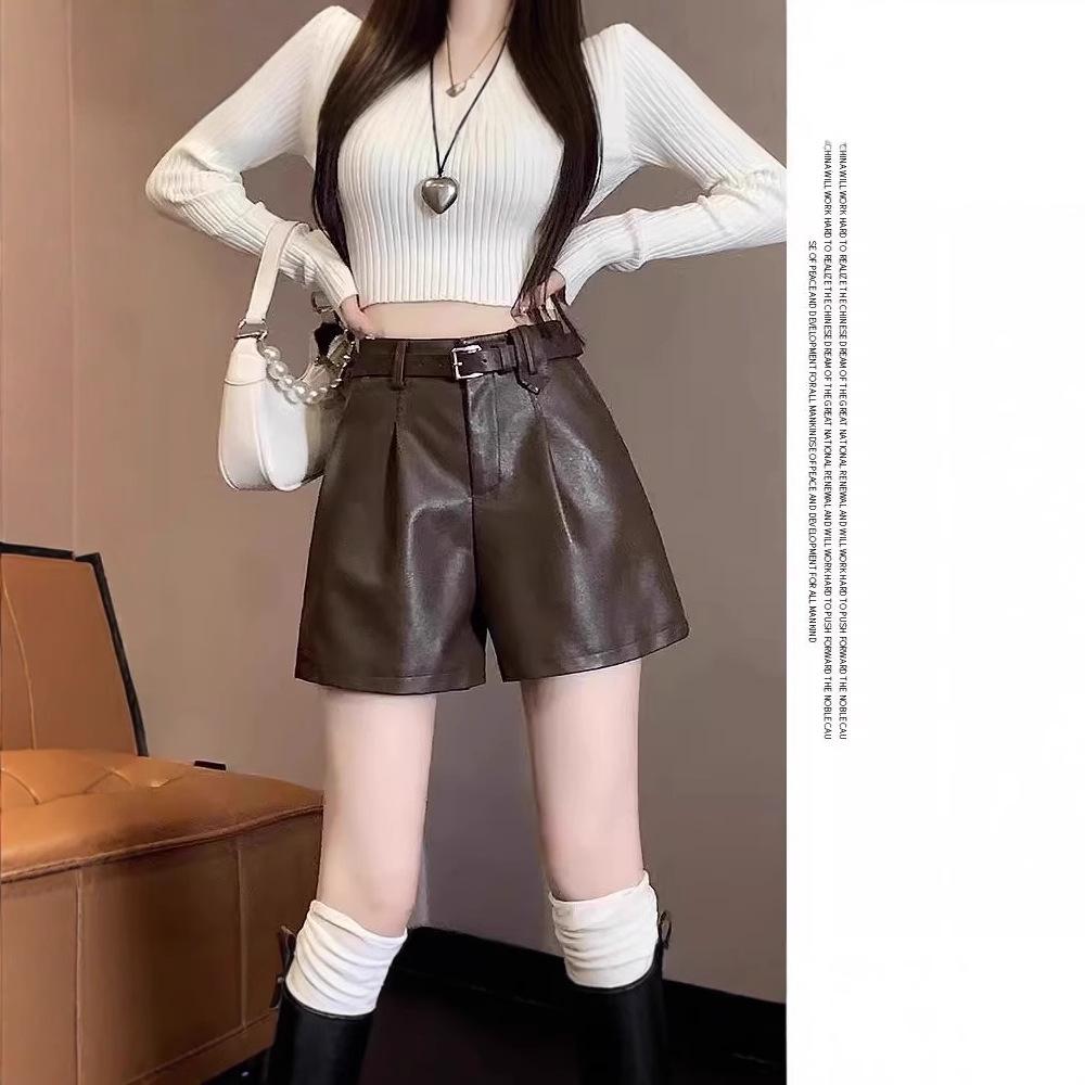 2024 A/W Women's High Waist Black PU Leather A-Line Booty Shorts: Wide-Leg, Casual, Slimming