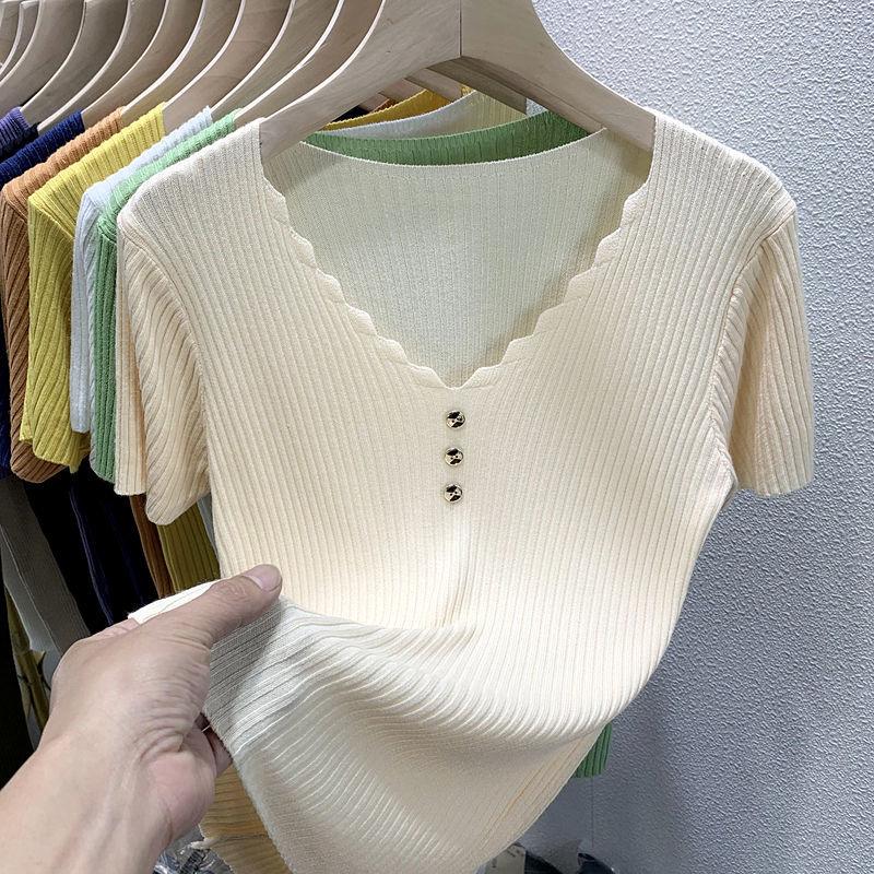 Fashion Women Short Sleeve Knitted T-shirt Korean Summer Female Clothing New Slim Pullover All-match Solid Basic Chic Casual Top