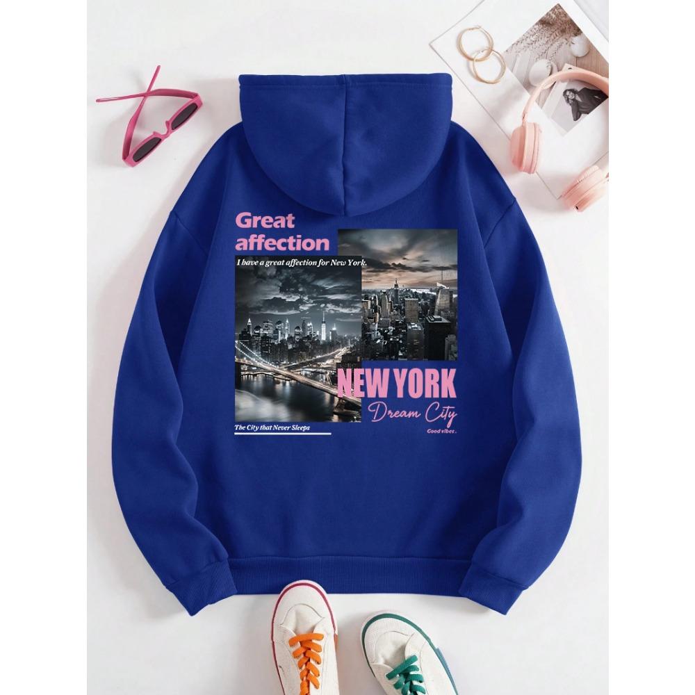 New York Dream City Printed Hoodies Casual Fashion Women Pullover Warm Pocket Sweatshirt Oversize Street Clothes
