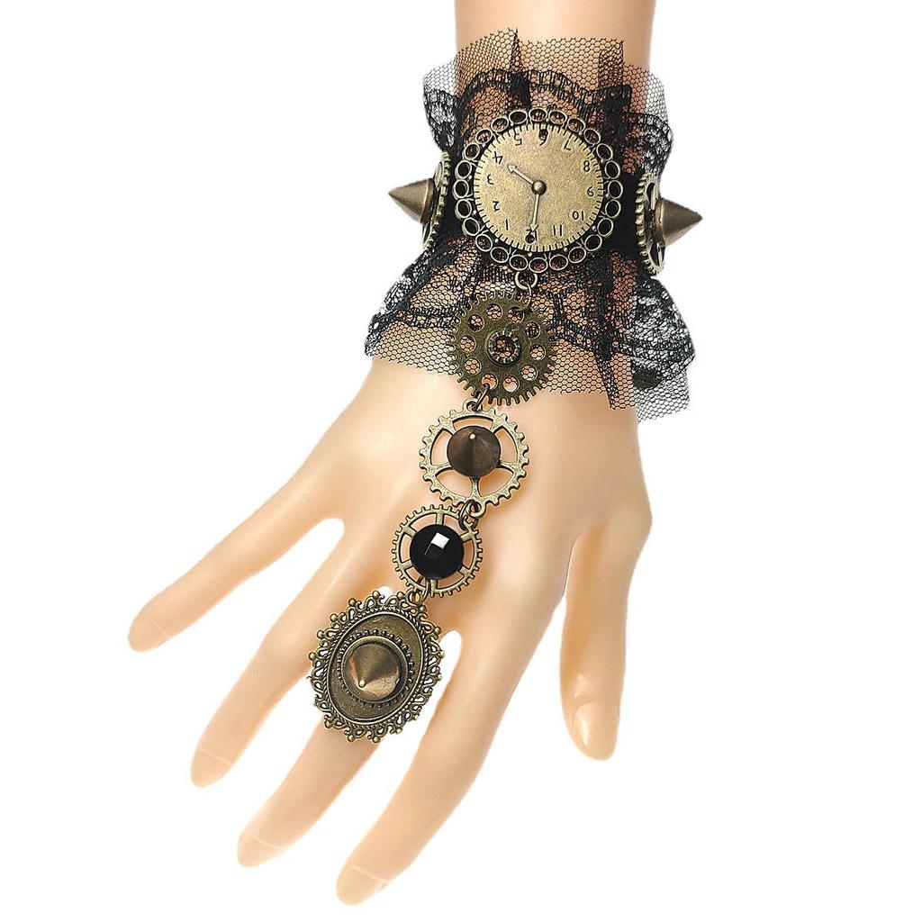 European Lace Gear Clock Punk Rivet Bracelet & Ring Chain for Halloween S412