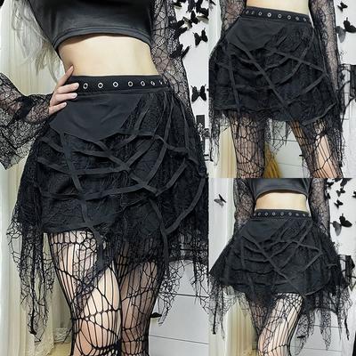 Damen Gothic Punk Volltonfarbe Spitze Patchworkl Rock Halbrock