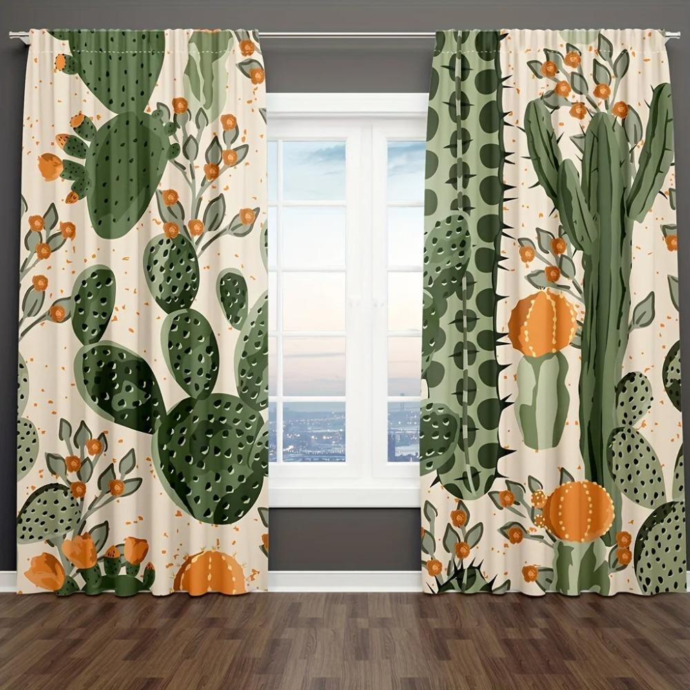 2 stuks Tropische Plant Cactus Gordijnen Bladerpatroon Botanisch Bedrukt Gordijnroedezak Raambekleding Voor Woonkamer Keuken
