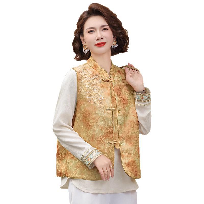 Spring New Chinese Style Embroidered Frog Button Vest & Retro Jacquard Waistcoat Set for Women