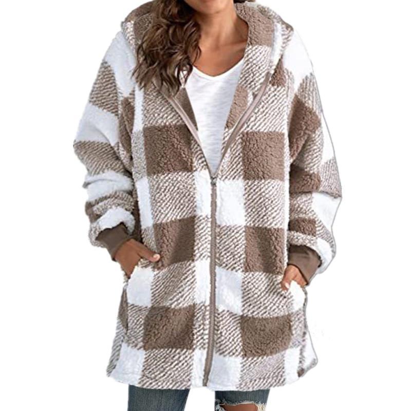 2024 Women’s Plaid Hooded Zipper Jacket with Plush Lining and Pockets