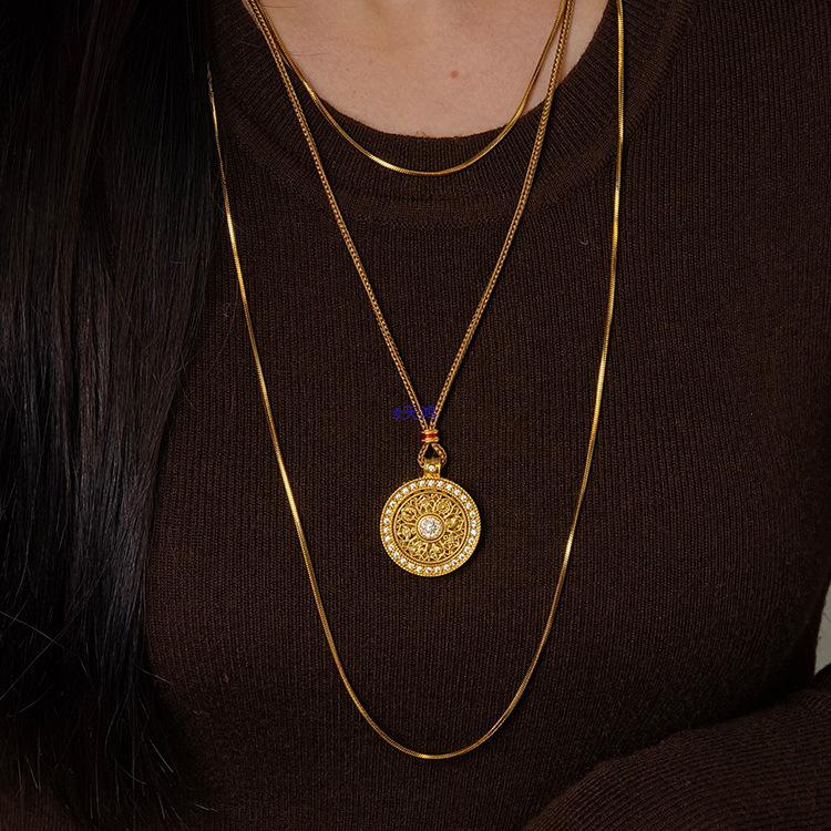 2025 Women's Ancient Gold Eight Treasures Compass Necklace with Braided Rope Chain