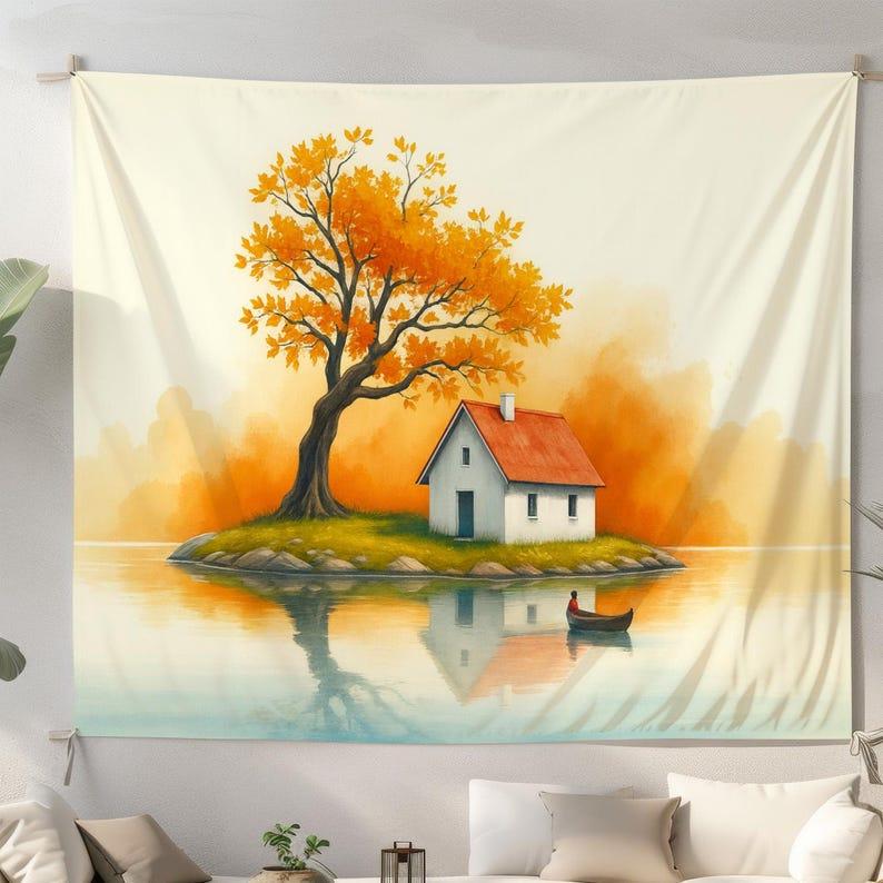 Autumn Tree Lakeside Cottage Scenery tapestry 75x100 чёрный