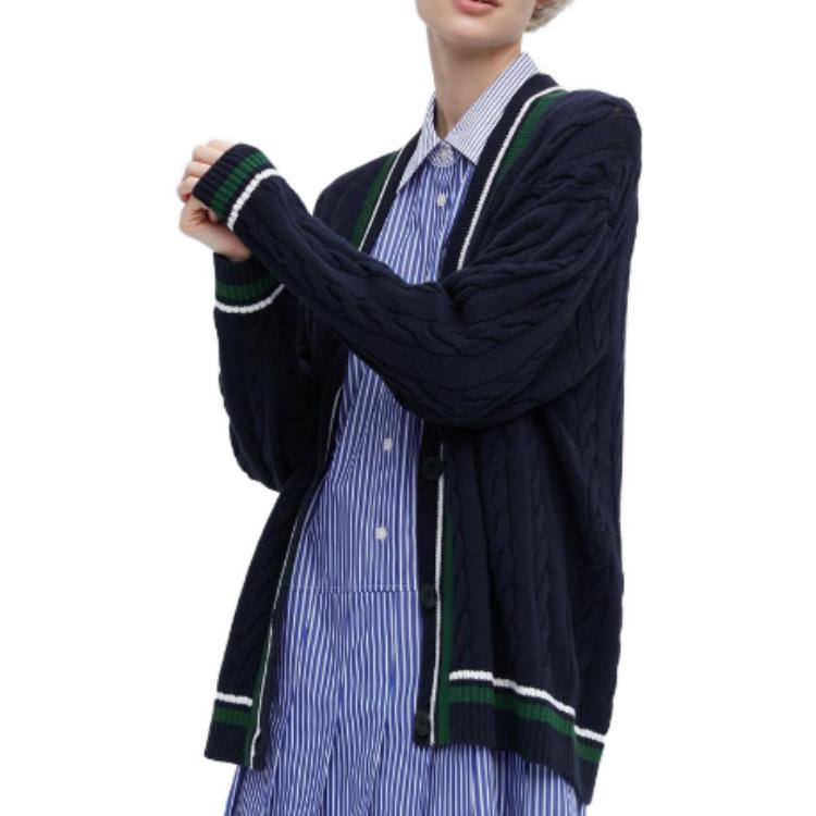 Uniqlo X JW Anderson Collaboration SS23 Spring Summer Collection Two-Tone V-Neck Striped Design Twisted Knit Sweater Women Sweater Navy 460651-69