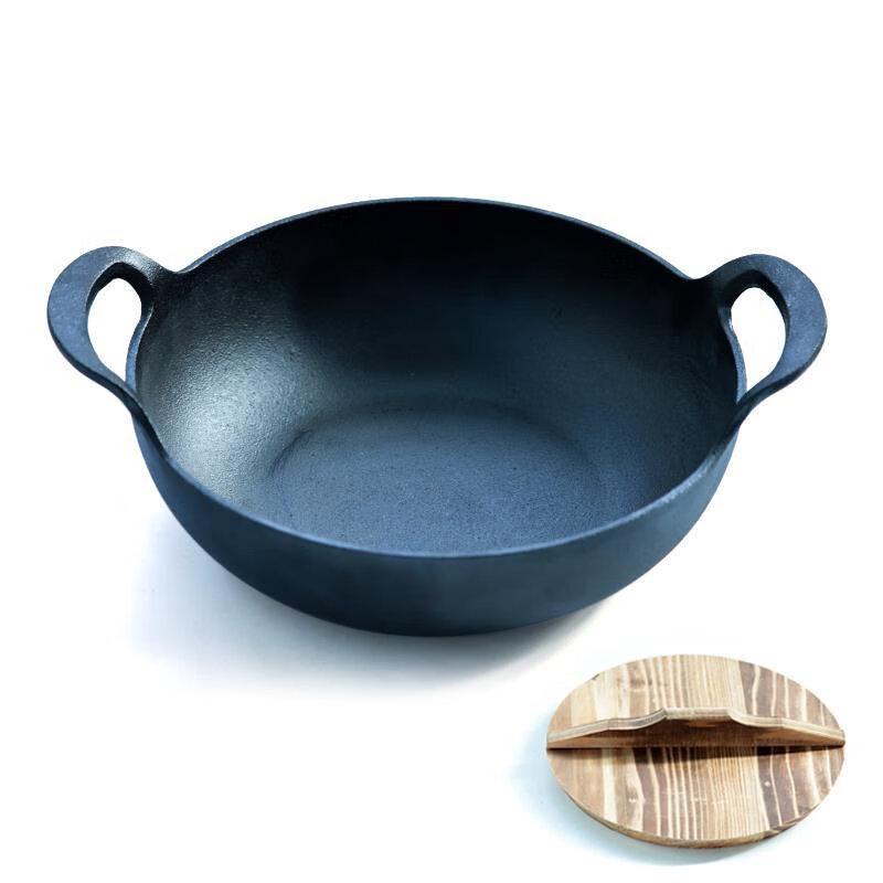 ZISIZ Cast Iron Flat-Bottom Stew & Soup Pot 20CM with Wooden Lid