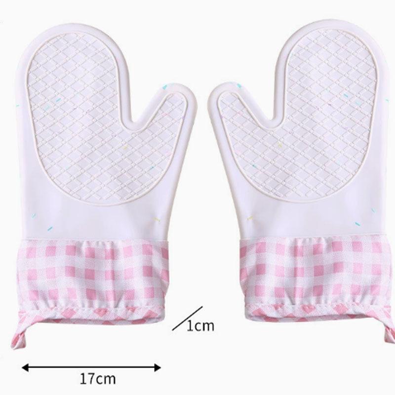 Pink Plaid Thickened Anti-Scald Gloves with Silicone Grip – Non-Slip, Heat-Resistant for Microwave and Baking