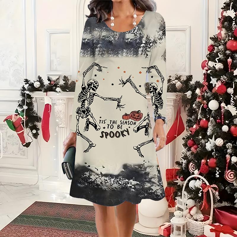 

2025 Осень и Зима Новое Повседневное Женское Платье с Круглым Вырезом 3D Хэллоуинский Узор Идеальный Подарок на Хэллоуин Рождество 8XL синий