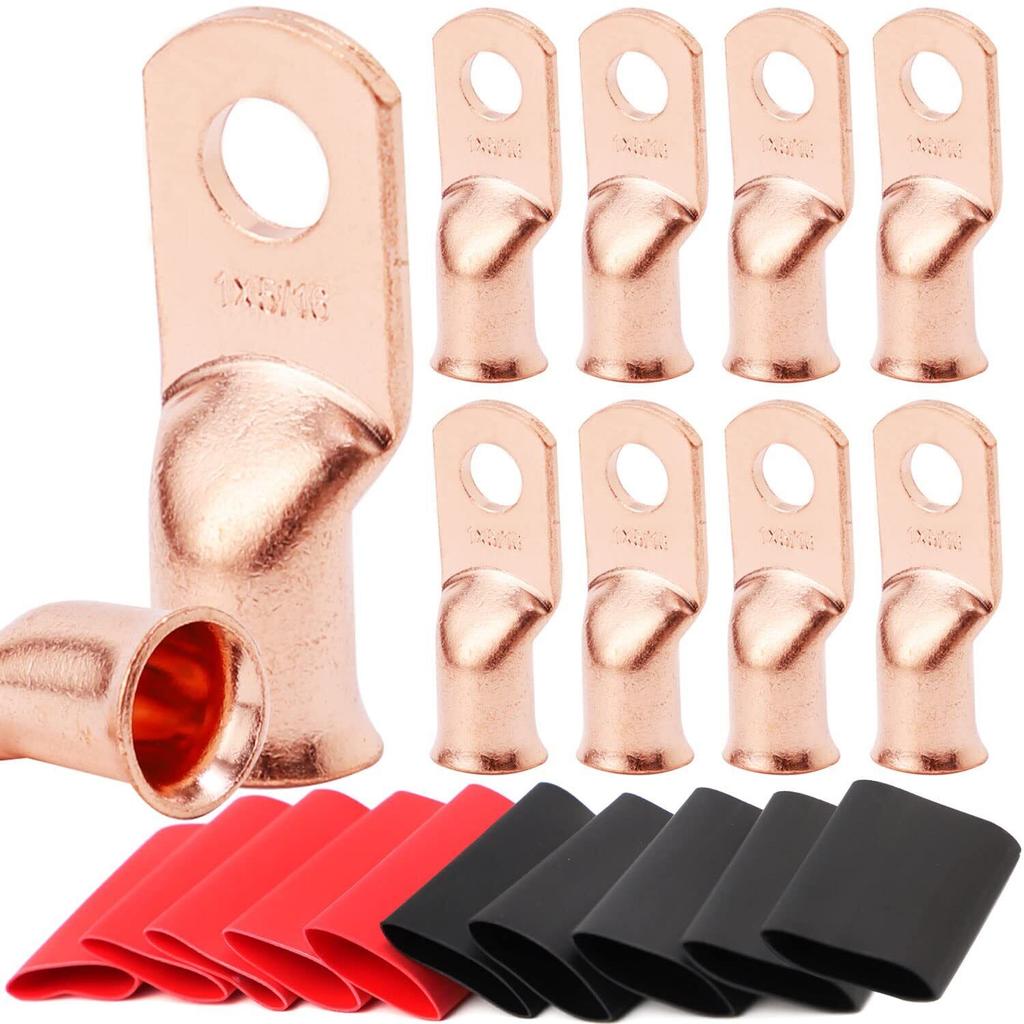 20pcs Copper Terminal Connectors, AWG 1/0 2/0 2 4 6 8 Ring Lug Kit With Shrink Tubing & Battery Cable Lugs