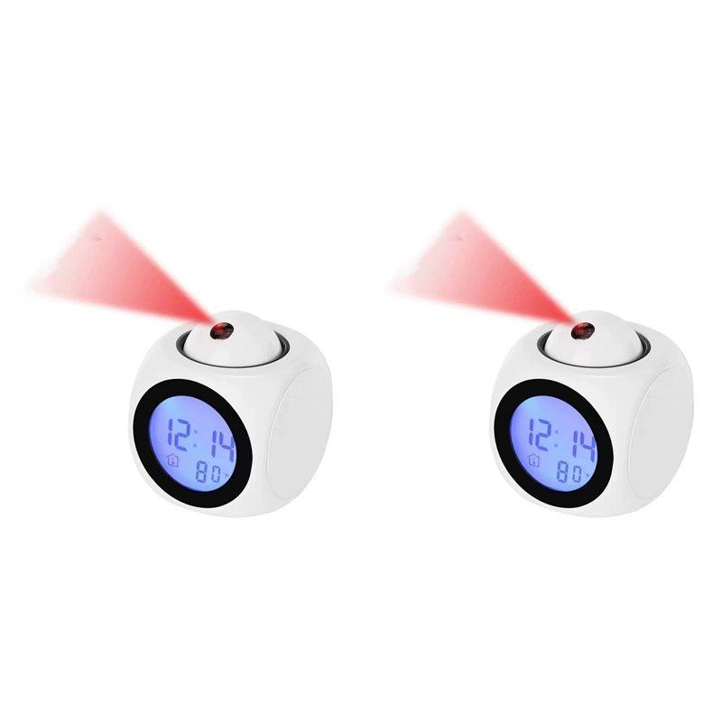 2X Projection Alarm Clock Ceiling Display Snooze Desk Table Clock Voice Multifunction Digital Projection Clock White