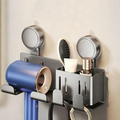 Carbon Steel Suction Cup Hair Dryer Holder No-Drill Wall Mounted Hair Dryer Storage Rack Large Capacity Space Saving