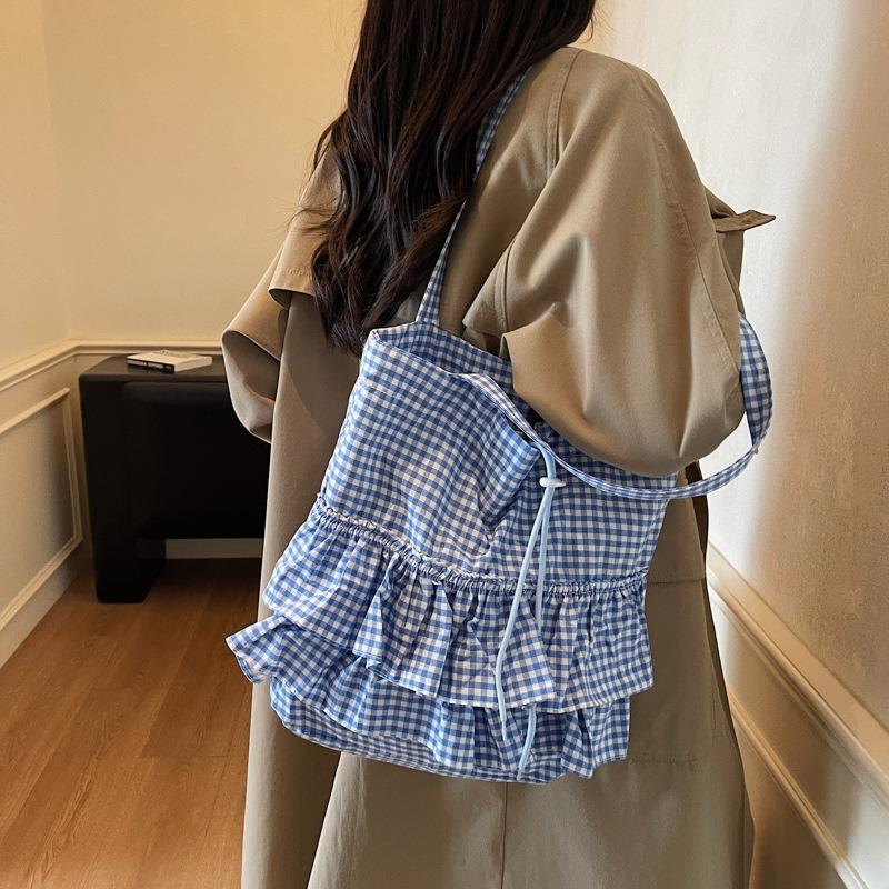 Across Cute College Style Plaid Canvas Bag Women's New Large Capacity Lace Tote Bag