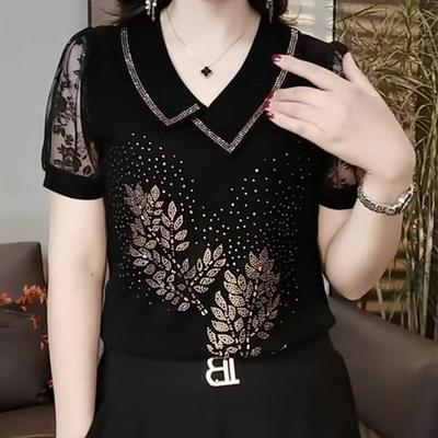 Letnia nowość 2025 moda kołnierzyk krótki rękaw t-shirt damski gładki kolor gorący diament wyszczuplający cienki top