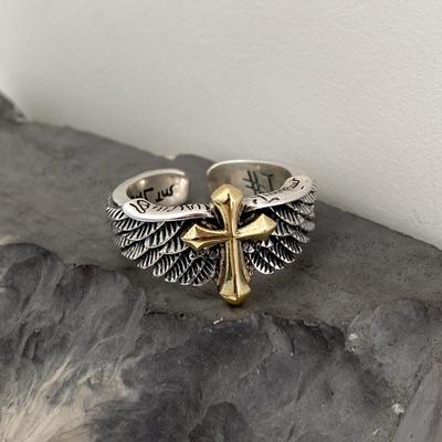 1Pc Wings Cross Graffiti Letters Open Ring Domineering Personality Men's Ring