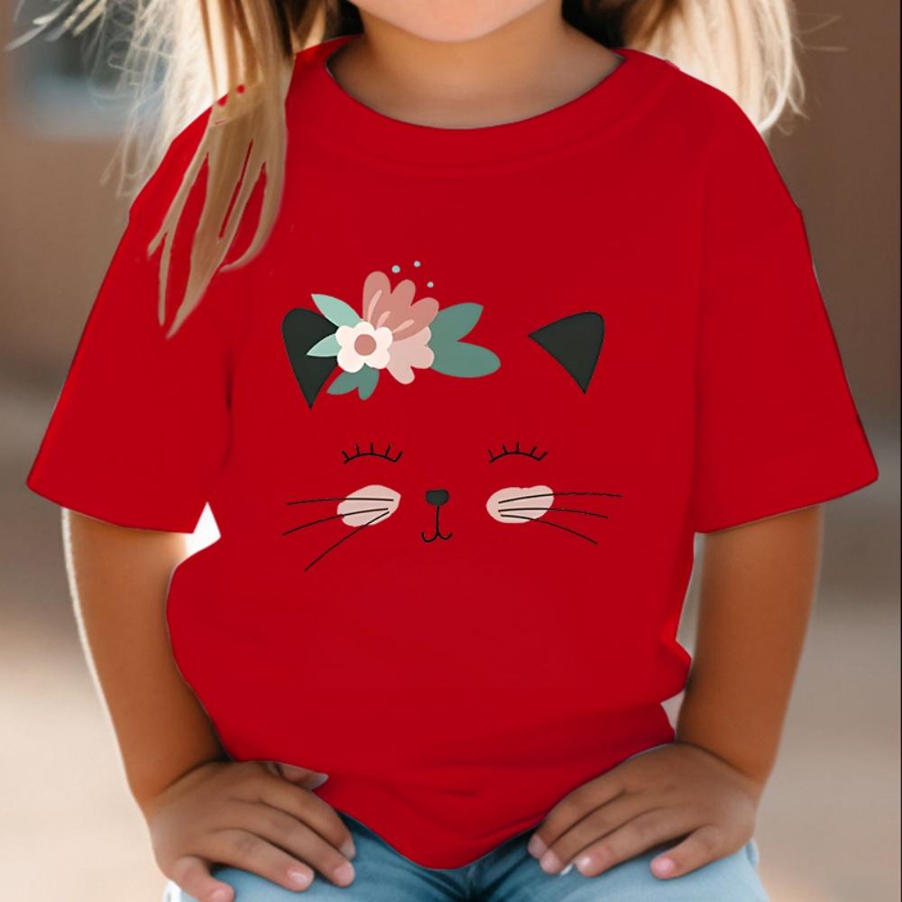 Kawaii Kočičí Topy Letní Dívčí Tričko s O-výstřihem Dívčí Módní Oblečení Dětské Tričko Kreslené Polyesterové Základní Dívčí Oblečení