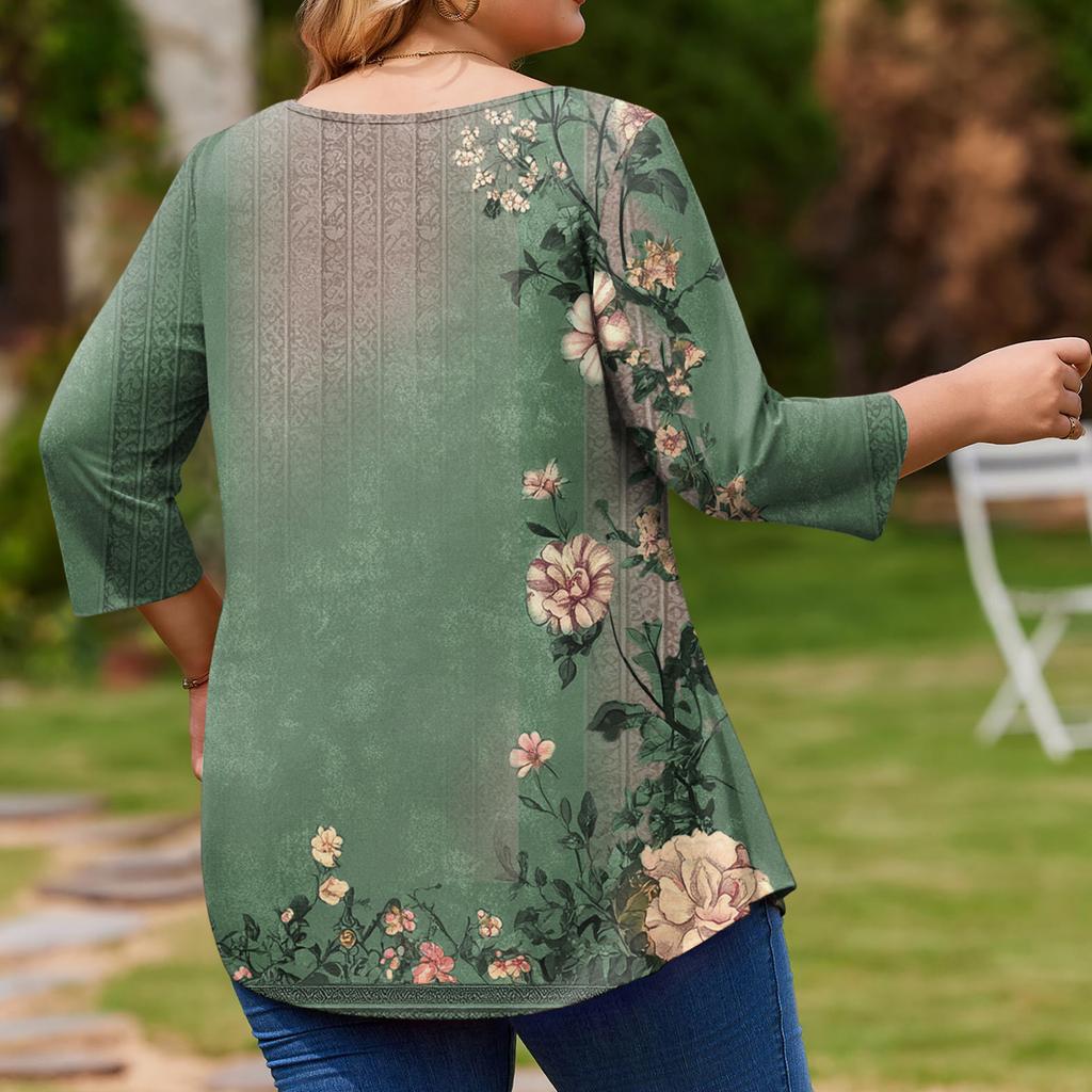 Top Moda da Donna Stampa Floreale Taglie Forti Manica 3/4 Orlo Arrotondato Girocollo