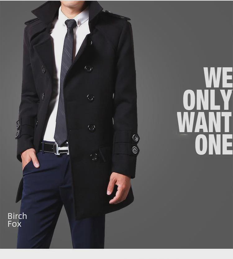 2024 Autumn/Winter Men's Slim Double-Breasted Wool Trench Coat - Trendy Korean Style