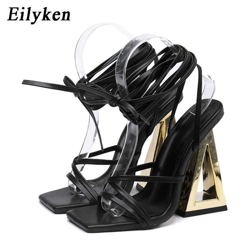 Fashion Eilyken Size 35-42 Golden Party Square Toe Woman Sandals 2025 Fashion Ankle Lace-up Fretwork High Heels Female Shoes