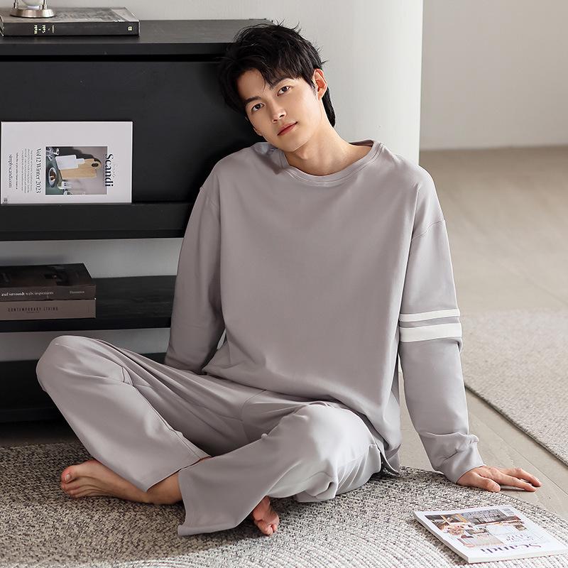 Men's Long Sleeve Loose Pajama Set - Round Neck, Long Pants, Plus Size for Spring & Autumn.