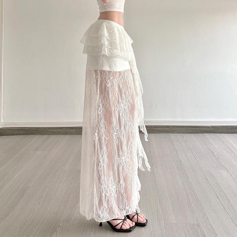 2025 Women's White Ruffled Lace Half Skirt, Holiday Style, Sexy & Slightly Sheer, Irregular Design