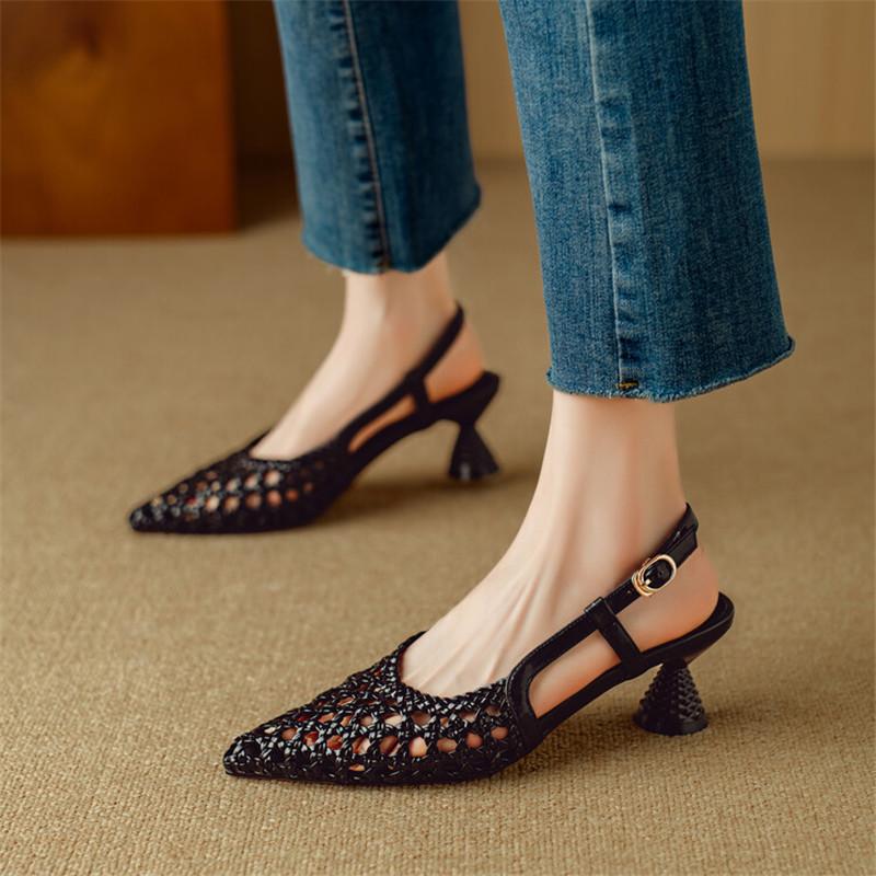 Fashion New Summer Sandals Cover Toe Shoes for Women Pointed Toe Shoes Fashionable Hollow Out High Heel Sandals Zapatos De Mujer Black