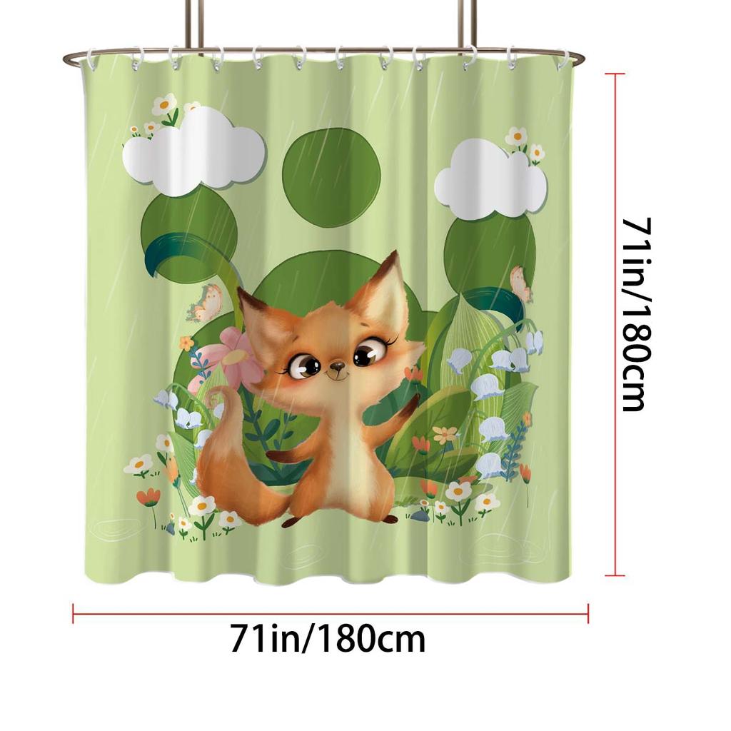 1pc Cute Fox Print Waterproof Shower Curtain Bathe Partition Curtain with 12 Hooks for Privacy Protection Easy Installation