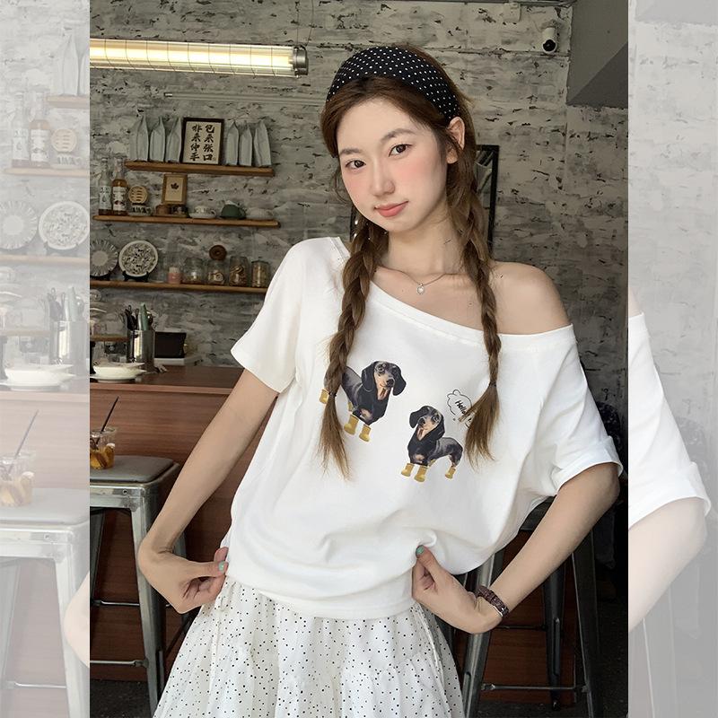 American Dachshund Printed Slash Shoulder Design Short Sleeve T-Shirt Women s Summer New Off-Shoulder Loose Top S белый