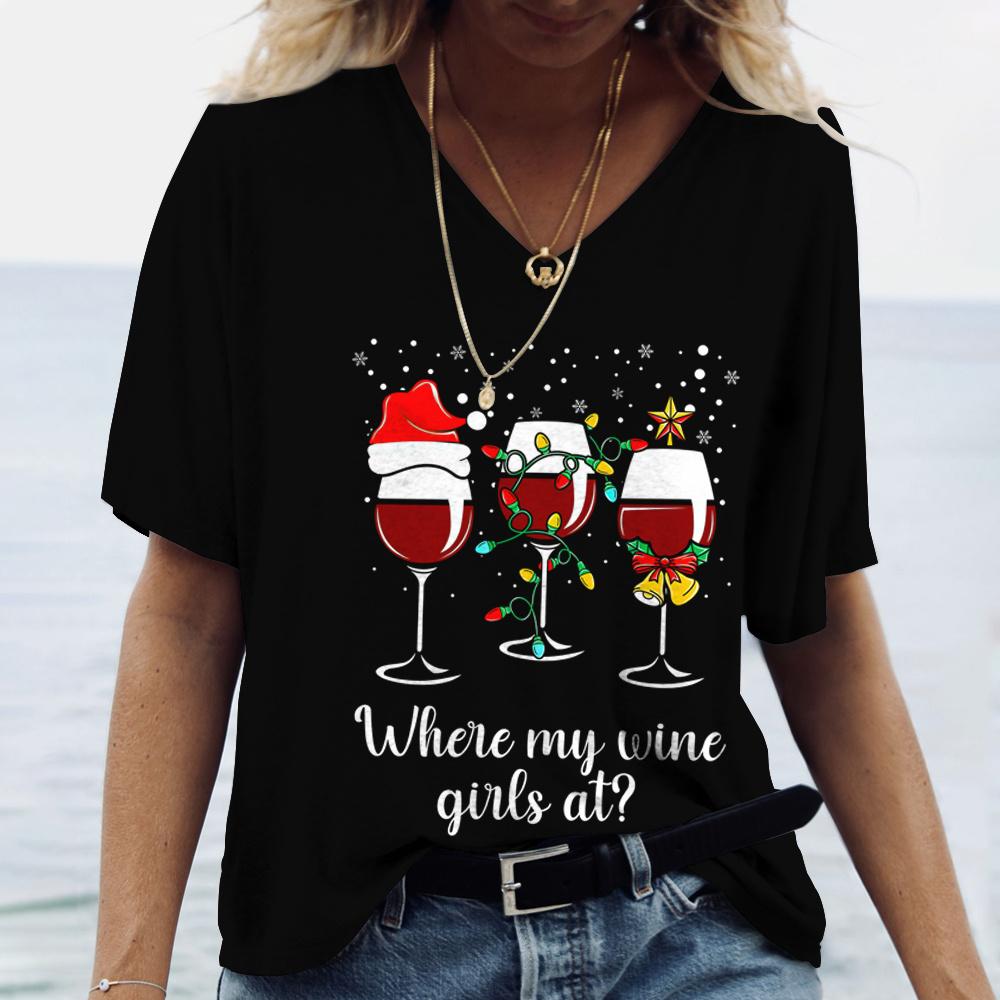 Weihnachts- Weinglas Muster Druck Damen V-Ausschnitt T-Shirts Lässiger Kurzarm Pullover T-Shirt Mode Oberteile Damen T-Shirts Kleidung