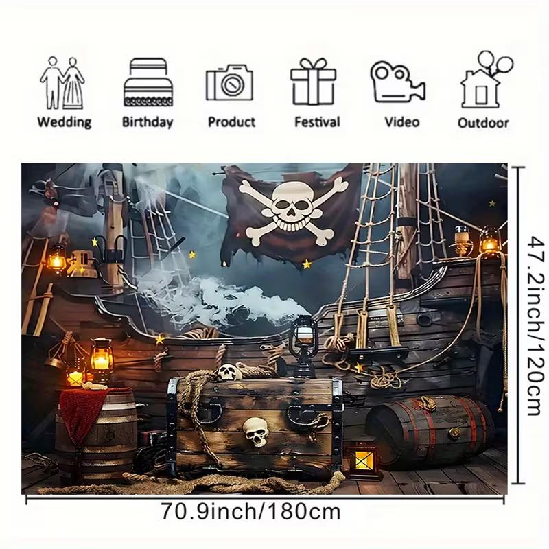 2D Piratenschiff Kulisse Totenkopf mit gekreuzten Knochen Flagge Schatztruhe Hintergrund für Party