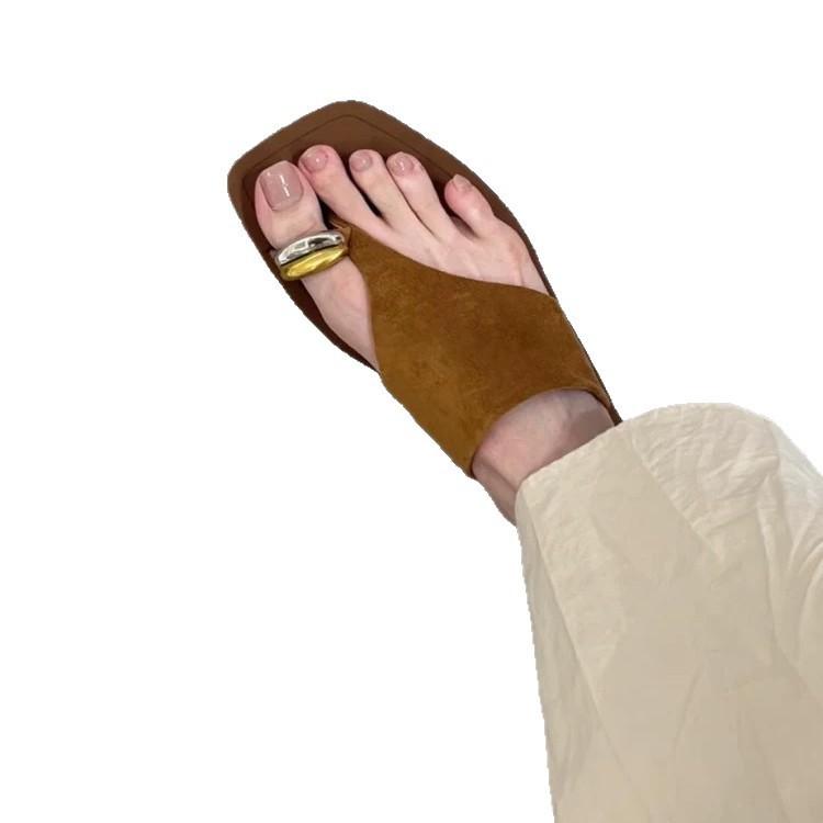 Sheepskin Version~ Retro Suede Metal Cover Toe Flip-flops Women's Fashion Casual Flats