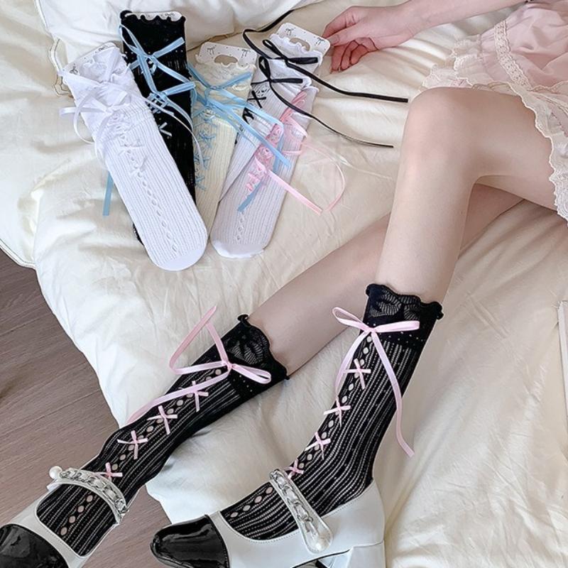 Sweet Bow Ribbon Lace Calf Socks Lolita Strappy Mid-tube Socks Soft Breathable Hollow Japanese Style Jk Socks