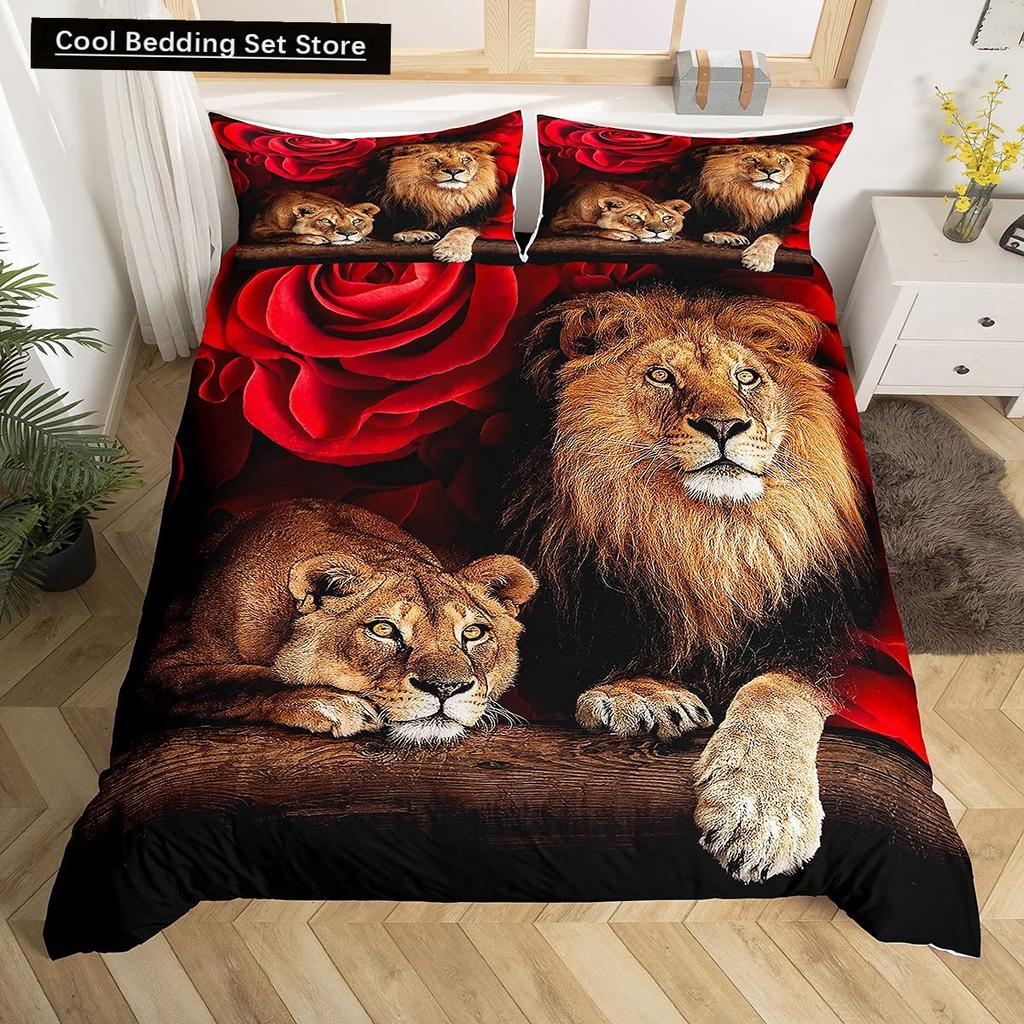 Rei Leão Rainha Capa de Edredom Conjunto de Cama Animal Relâmpago Leão Dourado 2/3 Peças Capa de Edredom Cinza Preto Dourado Poliéster Capa de Edredom