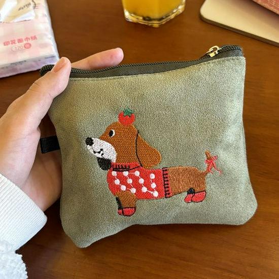 Cute Suede Dachshund Card Holder & Storage Bag for Earphones, Lipstick & More.