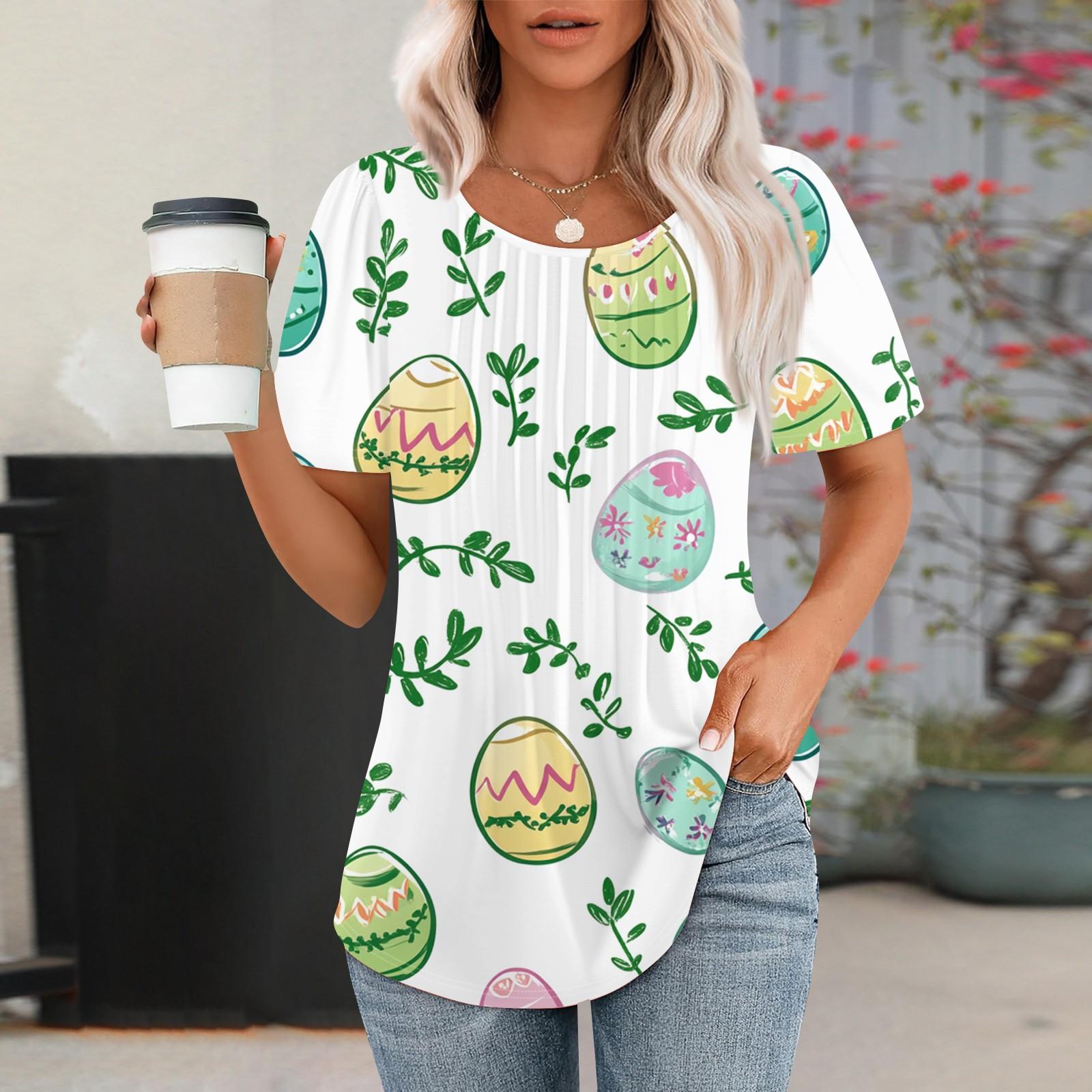 

Женская мода повседневная плиссированная футболка с круглым вырезом и принтом с коротким рукавом XXL зелёный