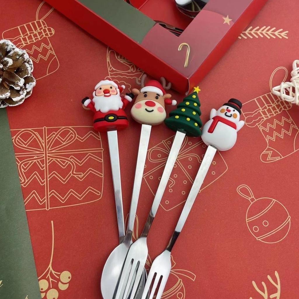 Christmas Set Stainless Steel Spoon Tableware Fruit Fork Spoon Gift Box Set Cute Elk Cartoon Girl