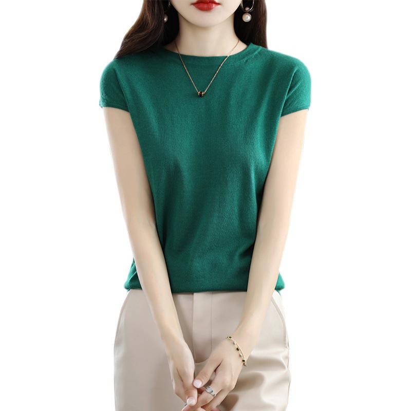 Dámský letní vlněný pletený top s krátkým rukávem a kulatým výstřihem