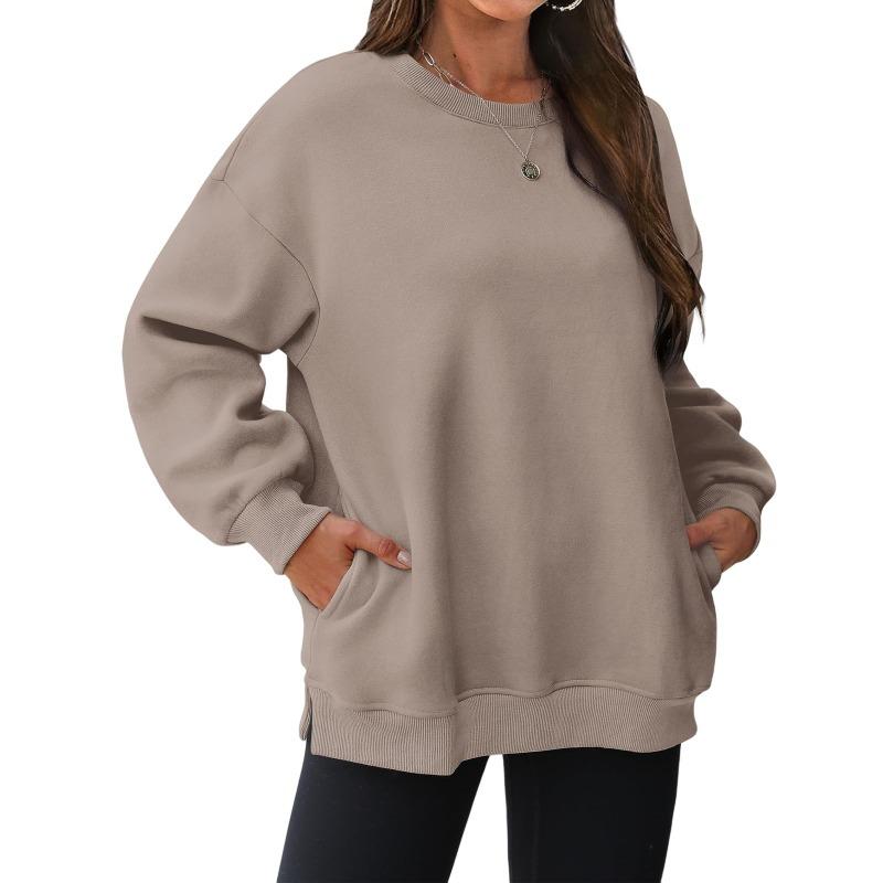 Fleece thickened pocket sweater women, loose round neck clothes in autumn and winter