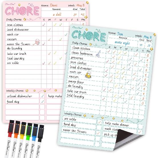 Magnetic Dry Erase Chore Chart - 8.5 x12 Behavior Responsibility Chore Board for Kids, Teenagers - 6 Extra Fine Point Markers Included - Shipped Blue+pink