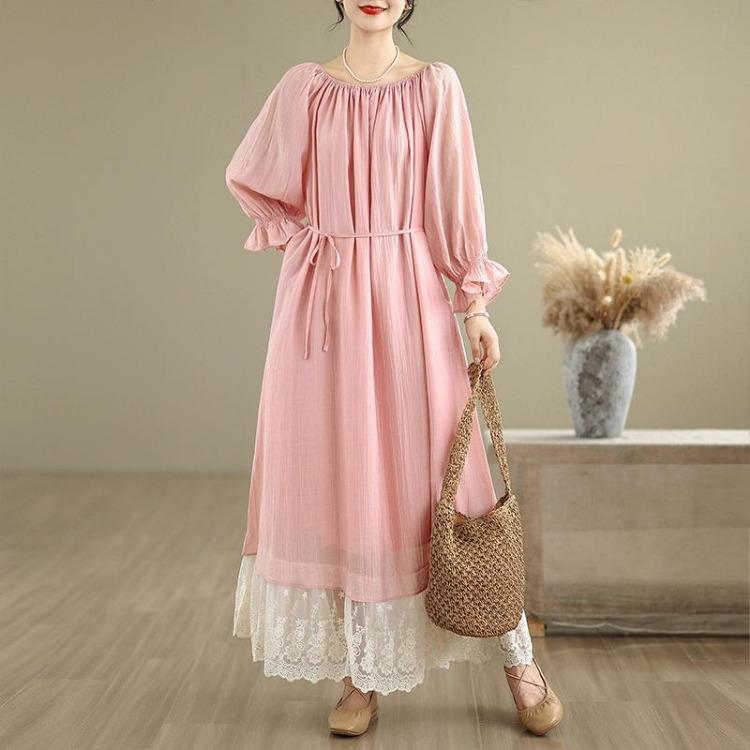 New French Style Oversize Off The Shoulder Dress Patchwork Lace Sweet One Neckline Slim and Long Look