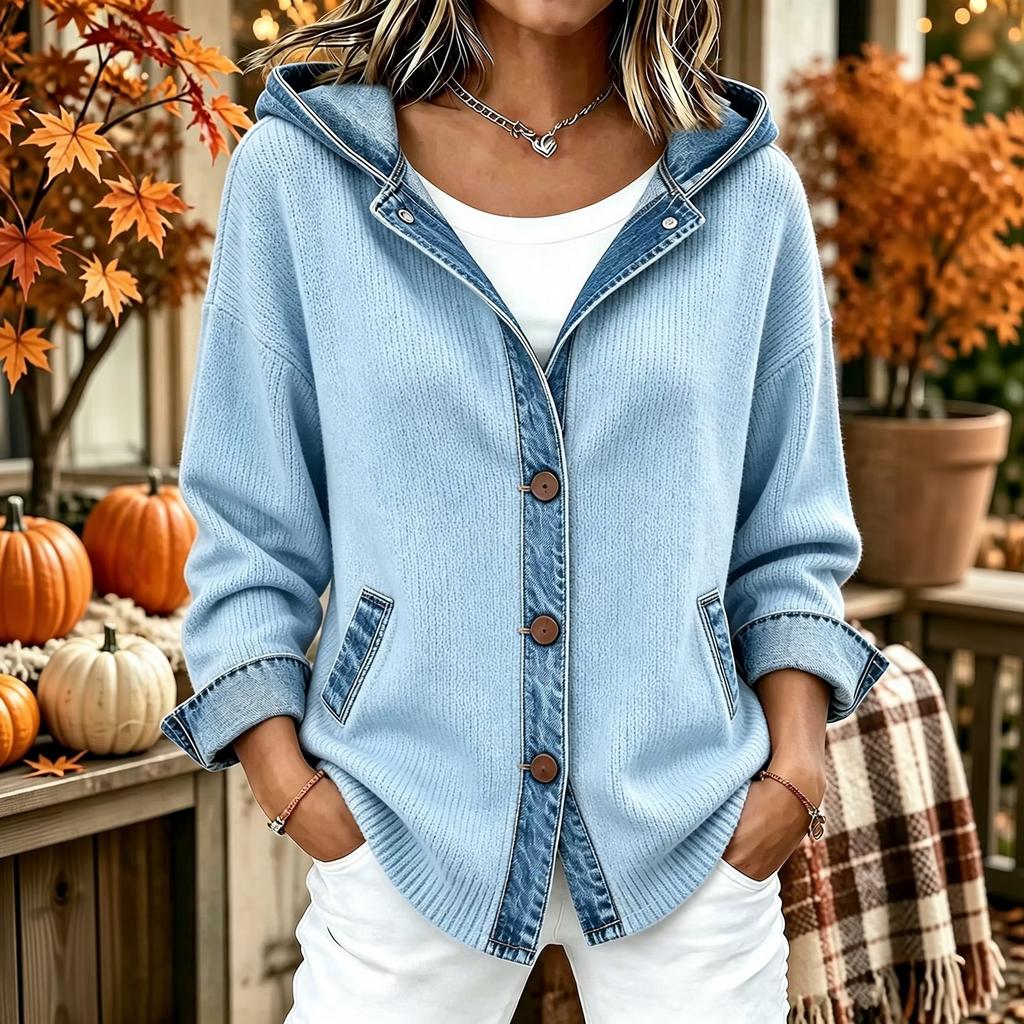 Women's Loose Fit Hooded Denim Cardigan Jacket with Trendy Patchwork for Casual Wear